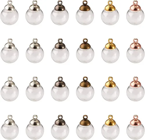Miniatura 5 de Pandahall - 60 cuentas redondas hechas a mano de 0.551 in de vidrio transparente soplado con 5 colores de tapa de latón, botellas de bola de cristal