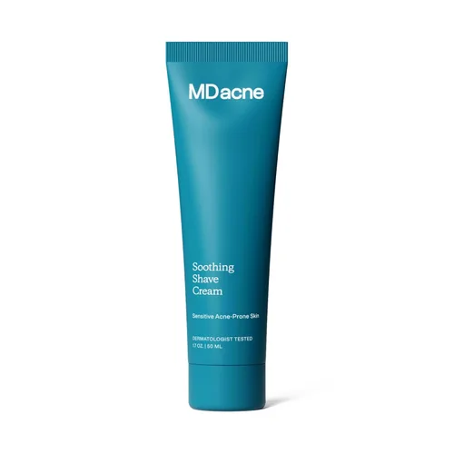 MDacne Crema de afeitar para piel propensa al acné, calmante, sin aceite, elimina quemaduras de afeitar, cortes e infecciones, reduce la irritación