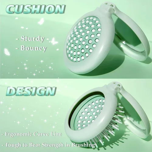 Miniatura 2 de Mini cepillo de pelo con espejo para viajes y bolso, cepillo redondo compacto de tamaño de bolsillo y espejo, combo de regalo para mujeres, verde