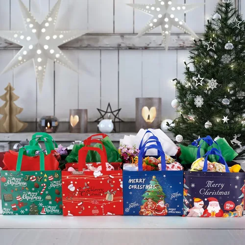 Miniatura 7 de YANGTE - Paquete de 12 bolsas grandes de regalo de Navidad reutilizables, con asa, bolsa de Navidad de tela no tejida para fiestas y eventos