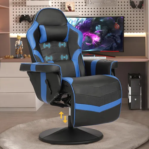 Miniatura 11 de Silla reclinable con altura ajustable, silla de juegos de PU con masaje, reposapiés largo y soporte lumbar, silla giratoria de respaldo alto