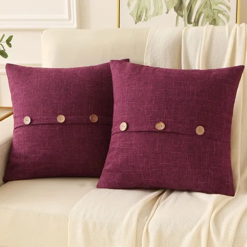 HAUSSY Fundas de almohada decorativas de lino burdeos de 56x56 cm, juego de 2, funda cuadrada para cojín con 3 botones vintage, decoración moderna