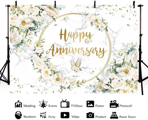 Miniatura 2 de MEHOFOND Telón de fondo de feliz aniversario de 7 x 5 pies con diseño floral blanco para fotografía de aniversario de boda, fondo geométrico