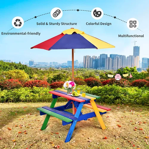 Miniatura 8 de HONEY JOY Mesa de picnic para niños, juego de mesa y banco de madera de abeto para exteriores con paraguas plegable y extraíble, mesas de picnic