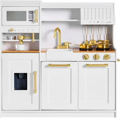 Best Choice Products Cocina de juego de simulación para niños, juego interactivo de madera para niños pequeños con máquina de espresso, Blanco
