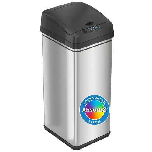iTouchless Cubo de basura de cocina de acero inoxidable de 13 galones con sistema de filtro de olor AbsorbX, alimentado por baterías (no incluidas)