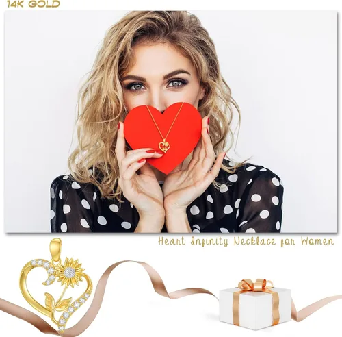 Miniatura 12 de Collar de flor de nacimiento de oro real de 14 quilates para mujer, oro amarillo creado moissanita con colgante de corazón, collares