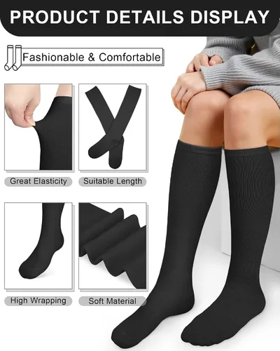 Miniatura 2 de Senker Fashion Calcetines altos hasta la rodilla para mujer, calcetines largos blancos de tubo negro a rayas para botas al aire libre deporte casual