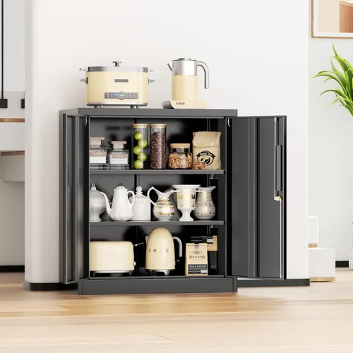 Miniatura 7 de INTERGREAT Armario de almacenamiento de metal para garaje, armario de almacenamiento con cerradura de 36 pulgadas con 2 puertas y 2 estantes Negro