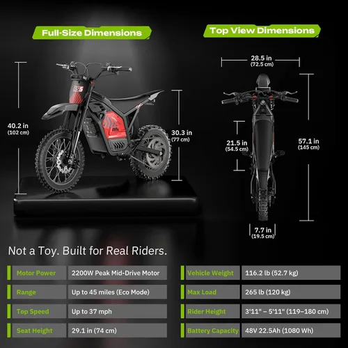 Miniatura 9 de Windone RS5 Electric Dirt Bike for Teens & Adults (13+), Up to 37 MPH, 45 Miles Range, 2200W Peak Motor, 14"/12" Off-Road Tires, Hydraulic Rojo