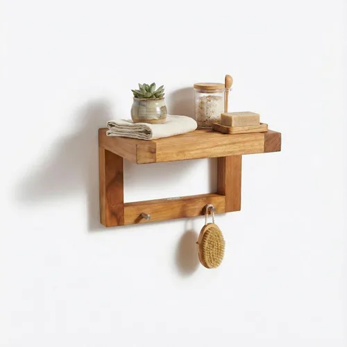 Miniatura 10 de Estante de pared plano de teca Moa de 12" con ganchos