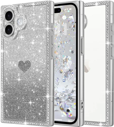 Miniatura 45 de Funda para iPhone 13, funda de diamantes de imitación de lujo con patrón de corazón de amor de cristal [papel con purpurina extraíble], parachoques