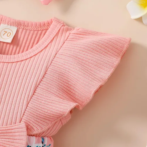 Miniatura 4 de Lindo mameluco para bebés y niñas con estampado de flores, encaje con volantes, lazo frontal, diadema