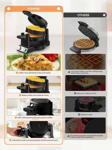 Miniatura 8 de FOHERE Máquina de tortilla y wafflera 2 en 1, máquina para hacer gofres de tortilla de 1400 W, giro de 180°, control de tostado ajustable, sartenes