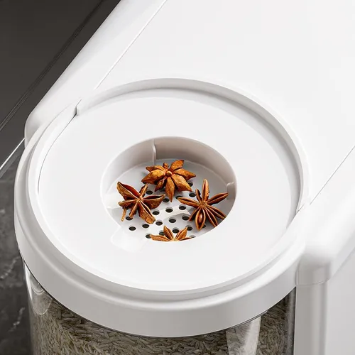 Miniatura 7 de Recipiente de arroz de 12 libras con taza medidora, caja fresca incorporada, dispensador de cereales con tapas para el hogar, cocina, despensa