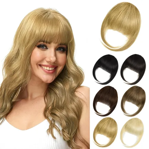Miniatura 14 de Extensiones de cabello sintético con clip, flequillo francés, con sienes, color marrón ceniza, flequillo falso natural con clip para mujer, uso