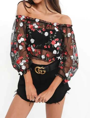 Miniatura 3 de RARITYUS Mujeres Sexy Floral Bordado Mesh T-Shirt Tulle Manga Corta Ver a través de Crop Tops