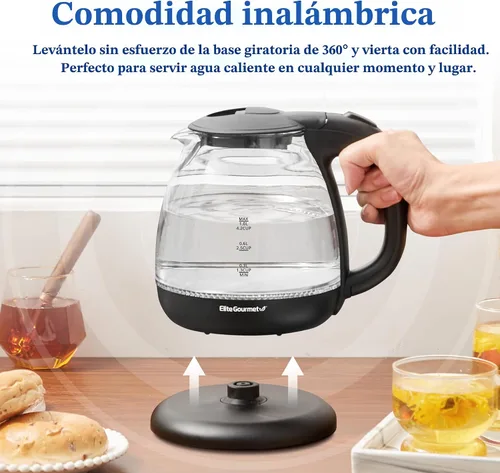 Miniatura 3 de Pava eléctrica de Elite Gourmet EKT1001, de 1,0 L, sin BPA, de 1100 W, de cristal, inalámbrica, base de 360°, elegante interior con luz LED azul