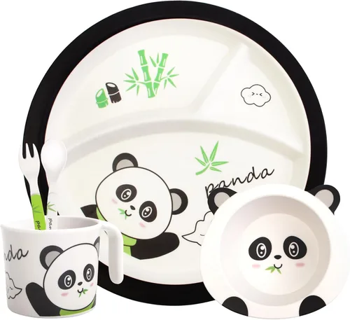 Juego de vajilla de bambú para niños pequeños, 5 platos y cuencos para bebés, juego de vajilla para niños, juego de platos y cuencos de bambú para