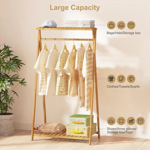 Miniatura 4 de Perchero de bambú para niños, pequeño estante de ropa para niños, estante de vestir para niños con 2 estantes de almacenamiento, perchero portátil