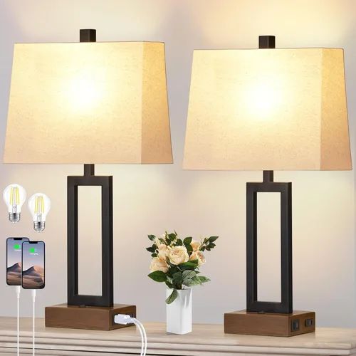 Miniatura 8 de Rinweey Juego de 2 lámparas de mesa de 23.5 pulgadas, modernas lámparas de noche negras con 2 puertos USB y salida de CA, lámparas de mesita