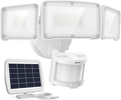 LEPOWER Luces solares LED de seguridad de 1600 lm para exteriores, luz con sensor de movimiento, luz blanca de 5500 K, luz solar de inundación