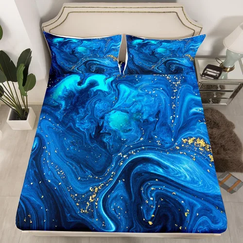 Erosebridal Sábana bajera ajustable con patrón de piedra azul con estampado de mármol azul, juego de ropa de cama líquida trippy para niños, niñas,