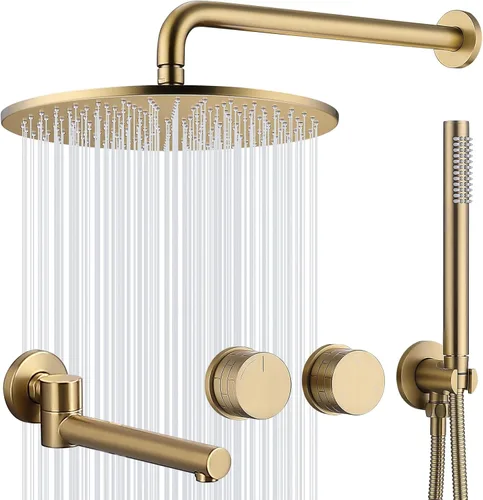 TRUSTMI Sistema de ducha dorado cepillado con boquilla giratoria, juego de ducha de lluvia de 12 pulgadas montado en la pared con válvula desviadora