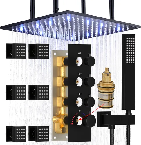 Miniatura 14 de HOMEDEC Sistema de ducha de lluvia LED de 16 pulgadas, válvula desviadora termostática de 3 vías con 6 pulverizadores corporales, todas las Negro