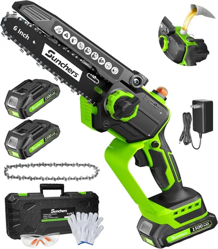 Mini Motosierra Inalámbrica de 6 Pulgadas, Motosierra Eléctrica con 2 Baterías, Motosierra de Mano Alimentada por Batería con Engrasador Automático,