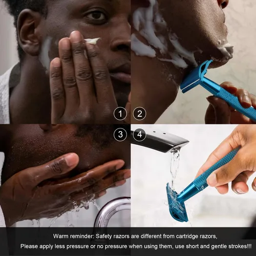 Miniatura 4 de Maquinilla de afeitar de seguridad azul, navajas de una sola hoja para hombres Reusable Metal Razor, with 10 Platinum Coated Double Edge Blades