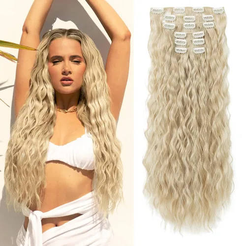 Miniatura 11 de Flufymooz - Extensiones de cabello con clip, 6 unidades, extensiones de cabello largas con ondas de sirena, sintético, postizo para mujer, 24 Marrón