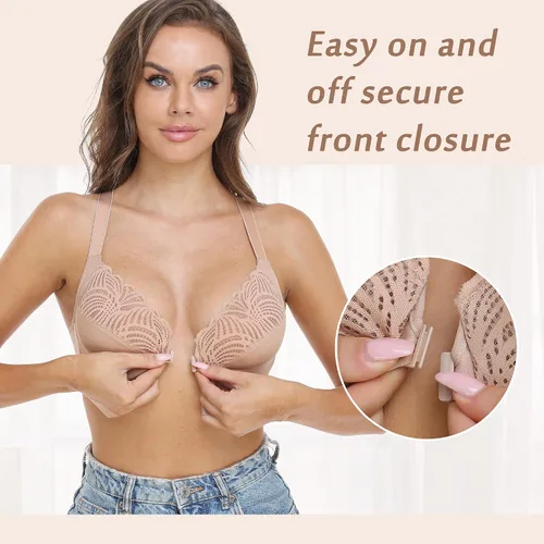 Miniatura 2 de DotVol Sujetador de cierre frontal para mujer, parte trasera en T, figura completa, con aros, talla grande, sin costuras, sin forro, para busto