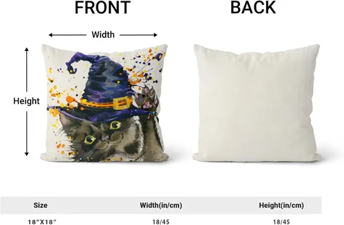 Miniatura 6 de Juego de 2 fundas de almohada de Halloween de 18 x 18 pulgadas, fundas decorativas de Halloween con sombrero de gato y bruja, fundas de almohada