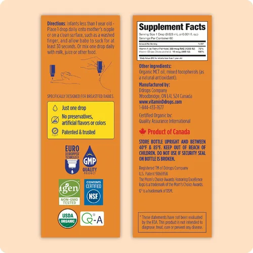 Miniatura 3 de Ddrops® Vitaminas líquidas orgánicas para bebés A&D gotas para bebés, 60 gotas. Apoya la salud ocular de los bebés, el desarrollo óseo y la función