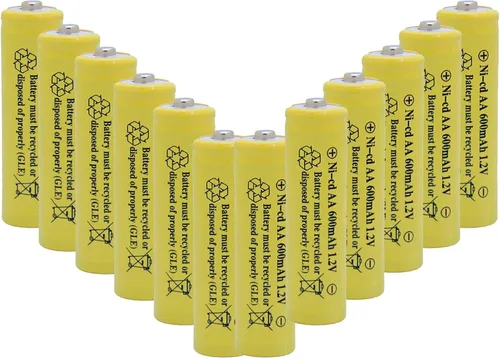AA - Batería recargable NICD de 600 mAh 1.2 V para luces solares al aire libre, luces de jardín, controles remotos, ratones amarillos (12 piezas)