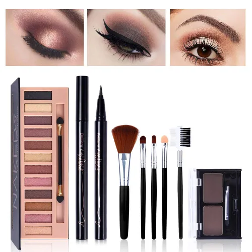 Miniatura 6 de Kit de maquillaje todo en uno, paleta de 12 colores de sombras de ojos desnudas brillantes, lápiz delineador de ojos negro resistente al agua, kit