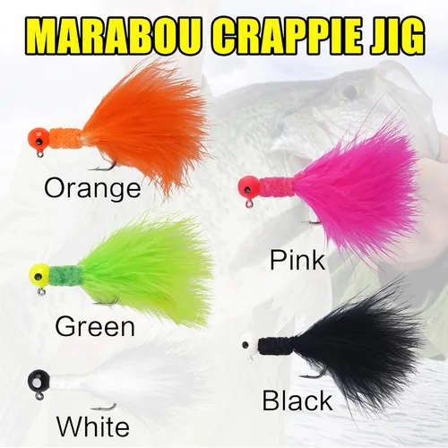Miniatura 7 de Crappie Jig - Señuelos de pesca, 30 piezas de plumas de marabú, anzuelos de cabeza de calabú, plantilla de cola de cubo, teaser de pesca atados a