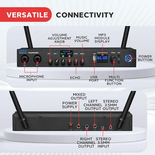 Miniatura 5 de Sistema de micrófono inalámbrico digital Pyle con Bluetooth - Incluye 2 micrófonos de mano UHF dinámicos, receptor portátil de largo alcance
