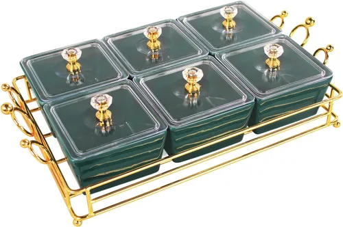 Miniatura 7 de YA JU Cuencos de cerámica y con tapa, bandejas doradas, 6 cuencos pequeños extraíbles, bandejas para condimentos, juego de frutos secos, para Blanco