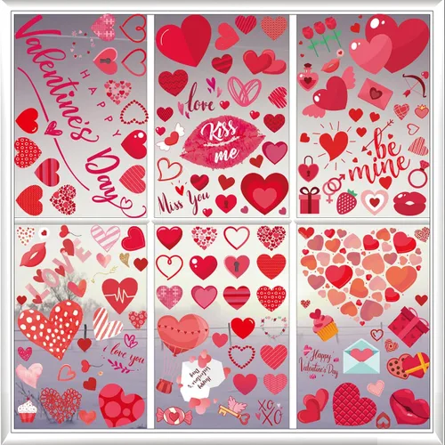 Miniatura 2 de 9 hojas de calcomanías para ventana del día de San Valentín, calcomanías de doble cara para ventana, diseño de labios rojos con corazón rosa