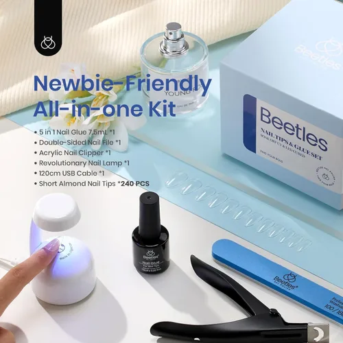 Miniatura 3 de Kit de uñas de gel Beetles Short Almond, set de 240 piezas de extensión de uñas fácil con puntas transparentes en forma de almendra, pegamento