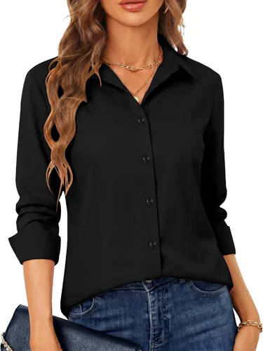 BBIBBI Camisa de vestir elástica de manga larga con botones para mujer, blusa de trabajo casual de negocios (clásica, recortada y alta)