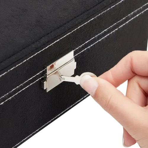 Miniatura 7 de Caja organizadora de alhajas con dos capas con cerradura y llave, textura de terciopelo, charola extraíble, compacta, amplio espacio de Negro