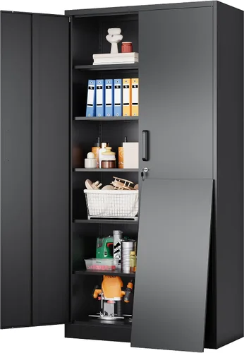 Miniatura 11 de SISESOL Armario de almacenamiento de metal de 36 pulgadas con puertas y estantes, pequeño armario de almacenamiento de garaje con cerradura, Negro