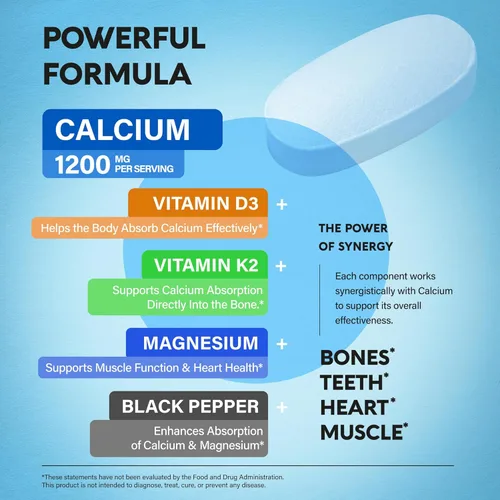 Miniatura 6 de Calcio 1200 mg con vitamina D3 - Suplementos de citrato de calcio para mujeres y hombres - Salud ósea, fuerza y densidad - Alta absorción