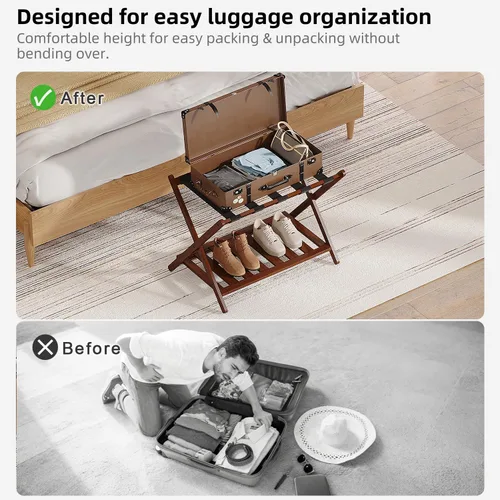 Miniatura 8 de BAMBOOHOMIE Portaequipajes completamente montado de 26.77 pulgadas de largo para habitación de invitados, juego de 2 soportes plegables para maletas