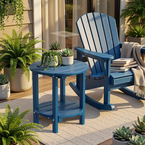 Miniatura 2 de Mesa auxiliar redonda de 2 niveles para exteriores con veta similar a la madera, mesa auxiliar Adirondack de HDPE para patio, mesa auxiliar Azul