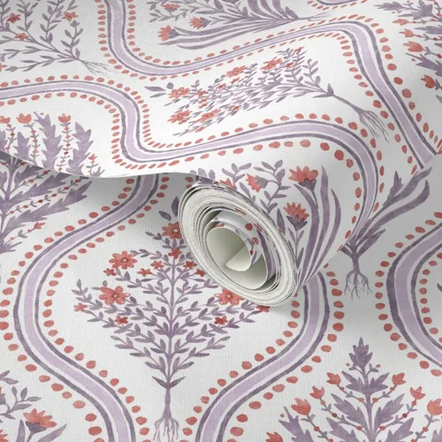 Miniatura 2 de Despegar y pegar papel tapiz Muestra, damasco botánico, elegante, jardín, lila, rojo quemado, escala media, Grandmillenial Ogee Papel pintado