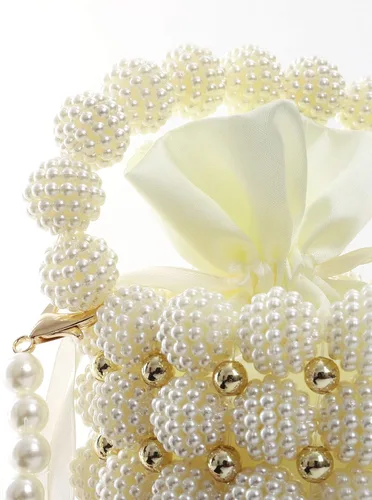 Miniatura 5 de YIFEI Bolsos hechos a mano con cuentas pequeñas perlas para mujer, con cadena desmontable, para fiesta de boda, Blanco